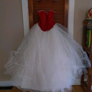 Red and white sparkle ball gown